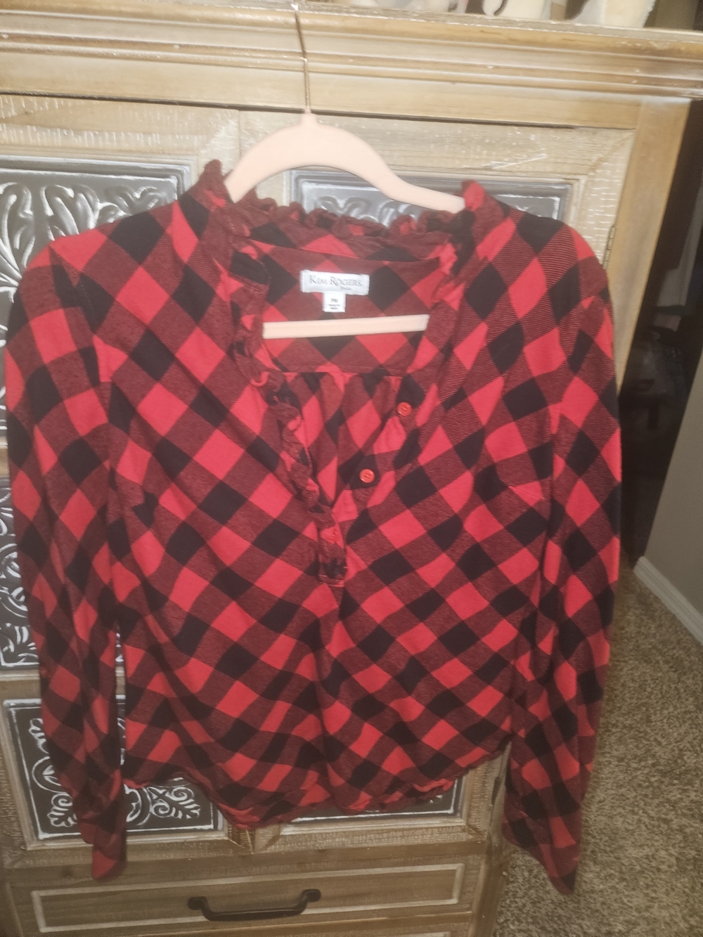 Kim Rogers Red and Black Plaid Ruffle Henley Top - Womans PM